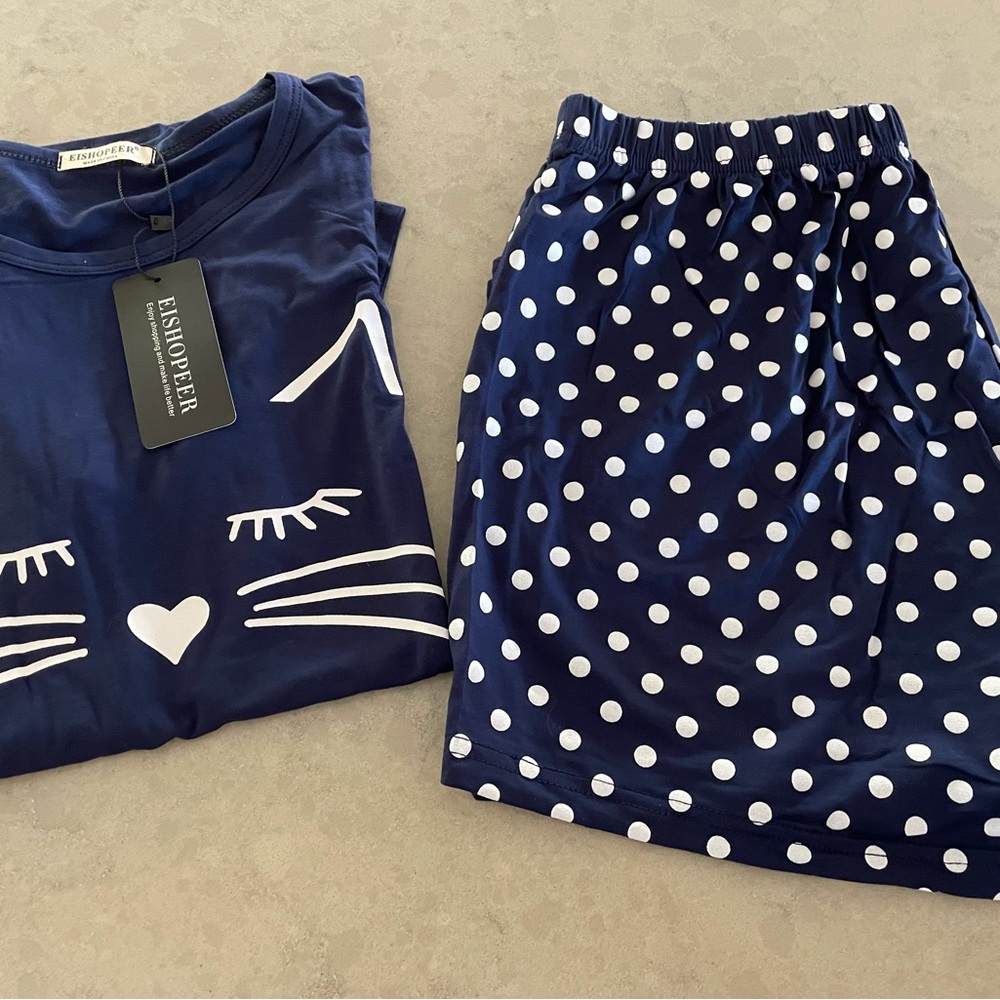 Women’s Cat Pajama Set Sleep Shorts and SS Top